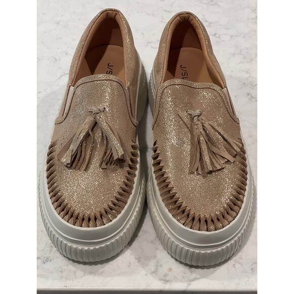 J Slides Women’s Winny Nappa Leather Tassel Metallic Loafer Shoes Size 9 Gold - Picture 1 of 7